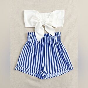 Bow top & stripe shorts outfit
